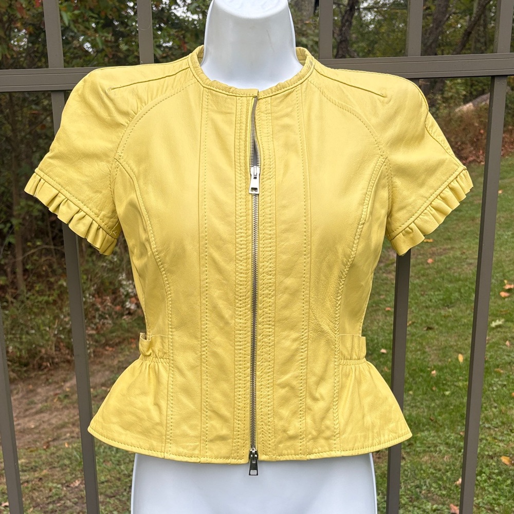 Imperial Yellow Short Sleeve Leather Jacket w/ Ruffles Made in Italy Size S